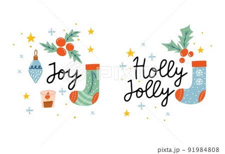 Greeting card of cozy Christmas decorations with text. Postcard with bauble, text, socks, lettering, floral. Kids illustration. Scrapbook trendy collection Greeting card of cozy Christmas decorations with text. Postcard with bauble, text, socks, lettering, floral. Kids illustration. Scrapbook trendy collection 91984808