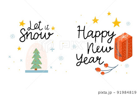 Vector set of cozy Christmas decorations with text. Bundle santa and sweets, hot cocoa, coffee, cake, gingerbread cookies, gifts, knitted woolen clothes. Kids illustration. Scrapbook trendy collection Vector set of cozy Christmas decorations with text. Bundle santa and sweets, hot cocoa, coffee, cake, gingerbread cookies, gifts, knitted woolen clothes. Kids illustration. Scrapbook trendy collection 91984819