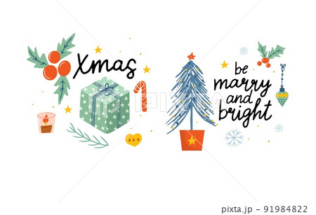 Vector set of cozy Christmas decorations with text. Bundle santa and sweets, hot cocoa, coffee, cake, gingerbread cookies, gifts, knitted woolen clothes. Kids illustration. Scrapbook trendy collection Vector set of cozy Christmas decorations with text. Bundle santa and sweets, hot cocoa, coffee, cake, gingerbread cookies, gifts, knitted woolen clothes. Kids illustration. Scrapbook trendy collection 91984822