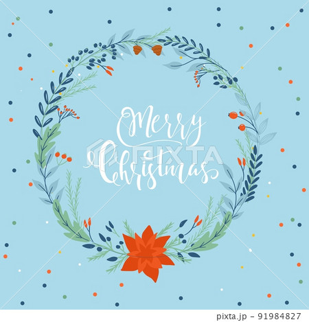 Seasons greatings wreath with floral. Flowers, branches and pine cones. Unique design for your greeting cards, banners, flyers. Vector illustration in modern style. 91984827