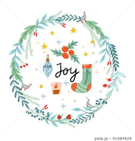 Seasons greatings wreath with floral. Flowers, branches and pine cones. Unique design for your greeting cards, banners, flyers. Vector illustration in modern style. 91984828