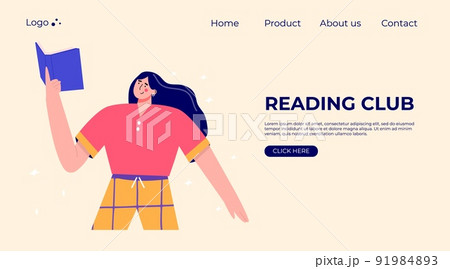 Landing page with modern people reading book club. Set of characters enjoying their hobbies, leisure. Vector illustration in flat cartoon style. 91984893