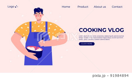 Landing page with modern people cooking vlog. Set of characters enjoying their hobbies, leisure. Vector illustration in flat cartoon style 91984894