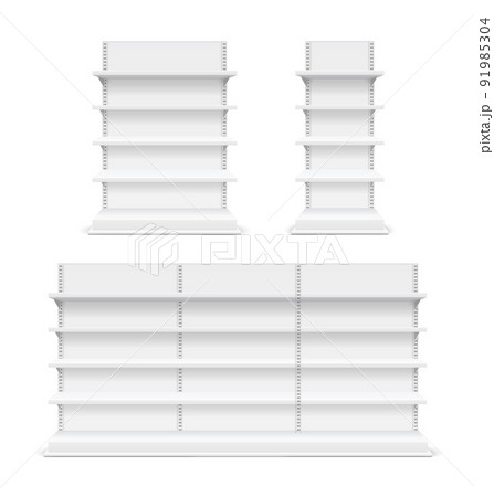 Realistic Detailed 3d Different White Blank Store Shelves Set. Vector Realistic Detailed 3d Different White Blank Store Shelves Set. Vector 91985304