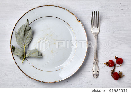 Vintage white plate with a fork, garnished with fermented currant leaves and berries on a wooden white table Vintage white plate with a fork, garnished with fermented currant leaves and berries on a wooden white table 91985351