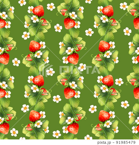 Strawberry background with flowers, wild berries, leaves. Seamless pattern Strawberry background with flowers, wild berries, leaves. Seamless pattern 91985479