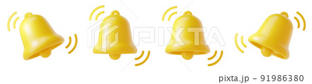 Notification bell icon 3d render - cute cartoon illustration of simple yellow bell for reminder or notice concept. 91986380