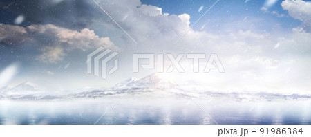 Winter Mountains landscape with ice and hills. Snowfall. Panorama. Beautiful ice background. Realistic ice and snow on mountain. Rink 91986384