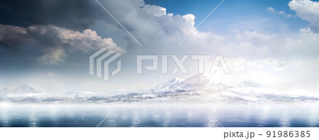 Winter background. Winter Mountains landscape with ice and hills. Beautiful ice background. Realistic ice and snow on mountain. Rink. Reflection. 91986385