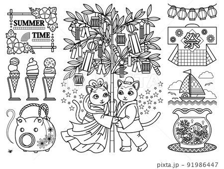 猫のイラスト夏のデザイン「SUMMER TIME（ぬりえ線画）」七夕・織姫彦星・提灯・ヨット・金魚鉢 91986447