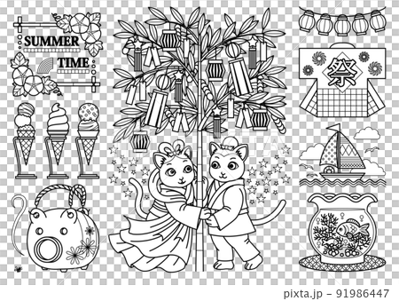 猫のイラスト夏のデザイン「SUMMER TIME（ぬりえ線画）」七夕・織姫彦星・提灯・ヨット・金魚鉢 91986447