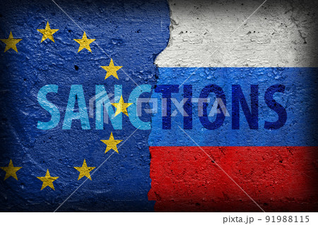 European Union Sanctions on Russia symbol concrete wall background European Union Sanctions on Russia symbol concrete wall background 91988115