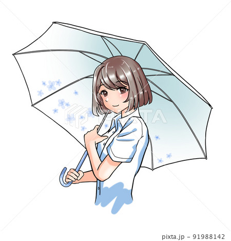 自然な髪色 花柄の傘をさす青担当ボブの女の子のイラスト素材