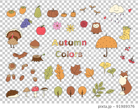 秋のイメージのイラストセット-手描き 秋のイメージのイラストセット-手描き 91989376