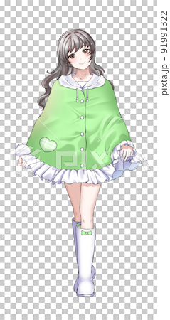 [Natural hair color] Girl in charge of curly hair green wearing a poncho 91991322