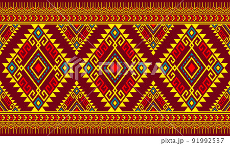 Red Yellow Green Symmetry Geometric Ethnic Seamless Pattern on Red Background 91992537