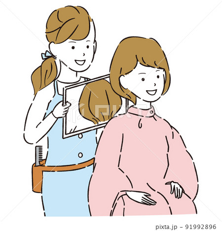 線画カラーイラスト　美容院　完成！鏡で後ろ確認 91992896