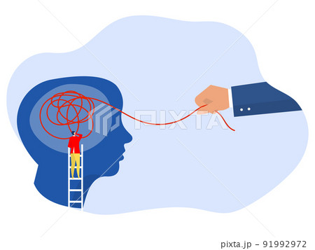Hand unravel disorder mental threads of businessman, Therapist untangles ball of thread in head. Psychological assistance, maintaining brain activity. ector illustration of mental psychotherapy 91992972