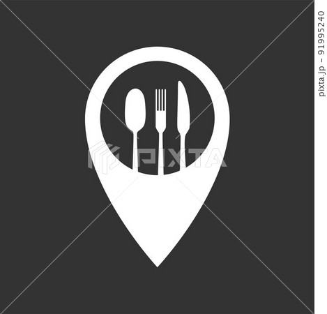 Food destination point. Fast food and take away symbol for location address bar map pointer restaurant, cafe, bistro and diner. Vector stock illustration isolated on black background. EPS10 Food destination point. Fast food and take away symbol for location address bar map pointer restaurant, cafe, bistro and diner. Vector stock illustration isolated on black background. EPS10 91995240