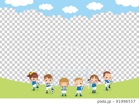 フィールドのゴール前でサッカーを楽しむ子供たちのイラスト　コピースペース　白背景　背景　風景 91996557