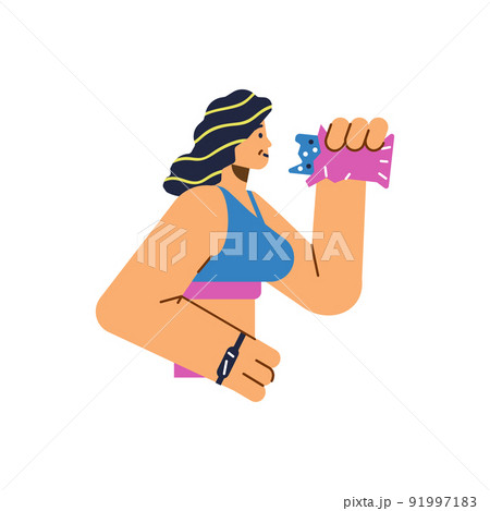 Athletic woman with fitness bracelet eating nutrition bar flat style 91997183