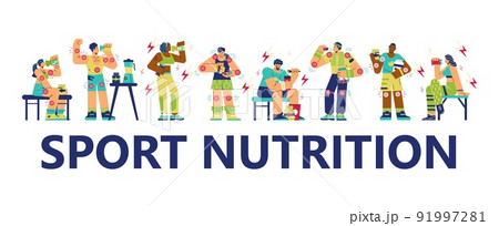 Set of athletic characters drinking and eating sport supplements for muscle and energy flat style Set of athletic characters drinking and eating sport supplements for muscle and energy flat style 91997281