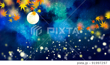 月夜と紅葉 背景素材 月夜と紅葉 背景素材 91997297
