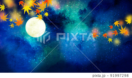 月夜と紅葉 背景素材 月夜と紅葉 背景素材 91997298