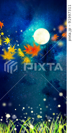 月夜と紅葉 背景素材 月夜と紅葉 背景素材 91997311