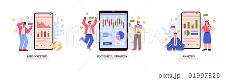 Set of banners with people and huge mobile phones about investing flat style 91997326
