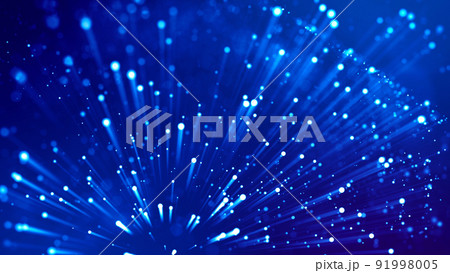 Blue light rays like laser show for bright festive presentation. 3d rendering of abstract blue background with glowing particles like micro world science fiction with depth of field and bokeh. Blue light rays like laser show for bright festive presentation. 3d rendering of abstract blue background with glowing particles like micro world science fiction with depth of field and bokeh. 91998005