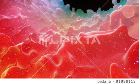 Liquid gradient red color. Bright glossy paint surface as abstract festive background. Glitters on viscous liquid with 3d splashes on surface like drops. Liquid gradient red color. Bright glossy paint surface as abstract festive background. Glitters on viscous liquid with 3d splashes on surface like drops. 91998115