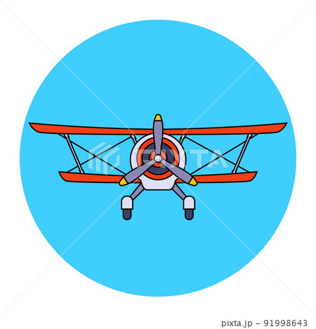 old two-winged plane with a propeller front view. 91998643