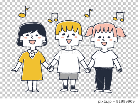 三個孩子手牽手唱歌 孩子們在幼兒園和幼兒園度過時光 91999909