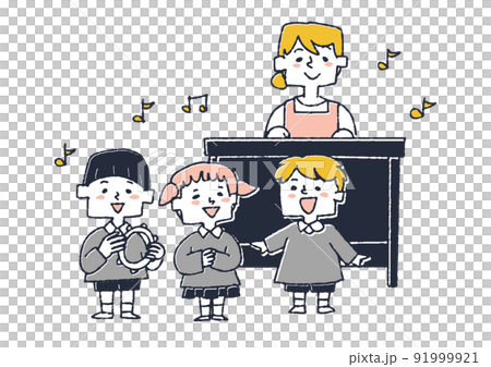 オルガンの伴奏に合わせて歌う子供達　保育園、幼稚園で伸び伸びと過ごすこども達 91999921