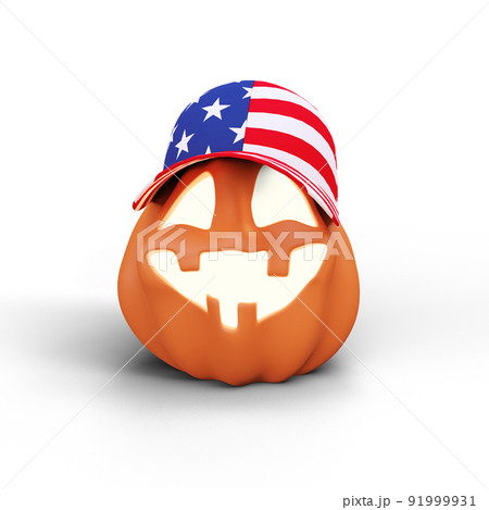 Halloween Funny Lantern Jack Pumpkin in US Flag Color Cap. 3D Illustration. File With Clipping Path. Halloween Funny Lantern Jack Pumpkin in US Flag Color Cap. 3D Illustration. File With Clipping Path. 91999931