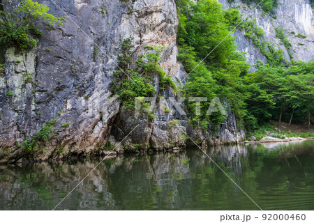 木々の緑が川面に反射して綺麗な清流猊鼻渓の舟下り 92000460