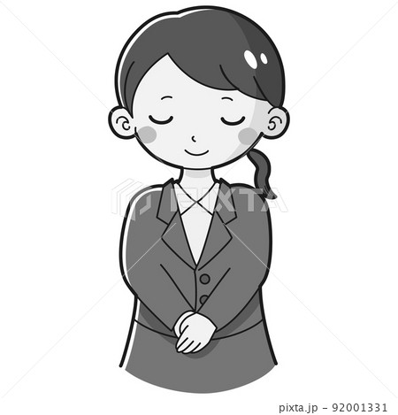 お辞儀をするスーツを着た女性のイラスト（白黒） 92001331