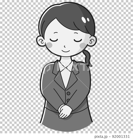 お辞儀をするスーツを着た女性のイラスト（白黒） 92001331
