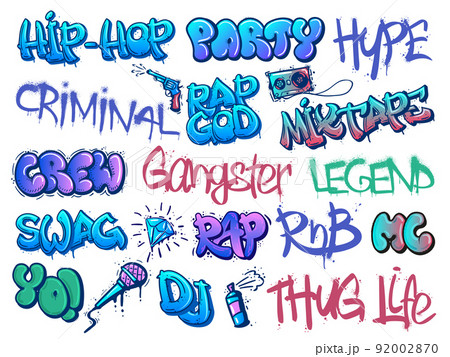 Rap graffiti. Hip-hop legend, RnB party and gangster crew street art calligraphy tags with grunge paint texture vector set 92002870