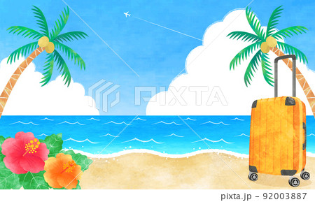 夏の海辺のリゾート　手描き水彩イラスト　横長 92003887