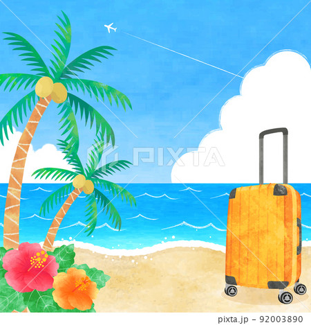 夏の海辺のリゾート　手描き水彩イラスト　正方形 92003890