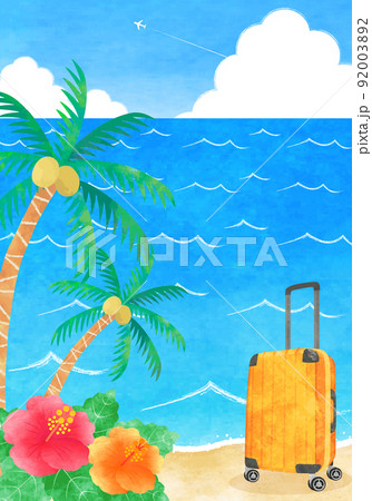 夏の海辺のリゾート　手描き水彩イラスト　縦長 92003892