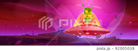Cute alien in spaceship hover above planet surface 92005038