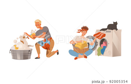 Househusband in everyday routine. Man washing dog in basin and loading laundry into washing machine vector illustration Househusband in everyday routine. Man washing dog in basin and loading laundry into washing machine vector illustration 92005354