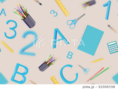 Seamless pattern with school stationery items on cream background. Colorful background with school supplies, texture. Eye-catching design. Pen, pencils, scissors, notebook, ruler. 3D rendering. Seamless pattern with school stationery items on cream background. Colorful background with school supplies, texture. Eye-catching design. Pen, pencils, scissors, notebook, ruler. 3D rendering. 92006598