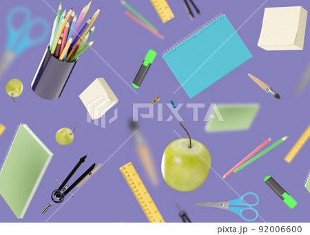 Seamless pattern with school stationery items on purple background. Colorful background with school supplies, texture. Eye-catching design. Pen, pencils, scissors, notebook, ruler, apple. 3D rendering Seamless pattern with school stationery items on purple background. Colorful background with school supplies, texture. Eye-catching design. Pen, pencils, scissors, notebook, ruler, apple. 3D rendering 92006600