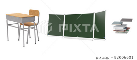 School desk with chair, green school board and some books isolated on white background. Cut out. 3D rendering. School desk with chair, green school board and some books isolated on white background. Cut out. 3D rendering. 92006601
