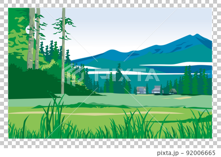 A landscape of a Japanese mountain village with an old folk house. Live in a lush green area. 92006665