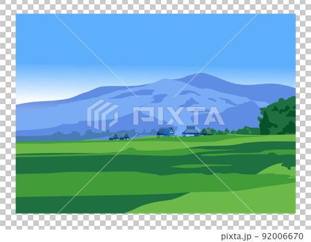 A landscape of a Japanese mountain village with an old folk house. Live in a lush green area. 92006670